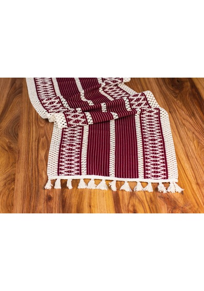 Pamuk Örme Püsküllü Dantel Bordo Runner 35x145