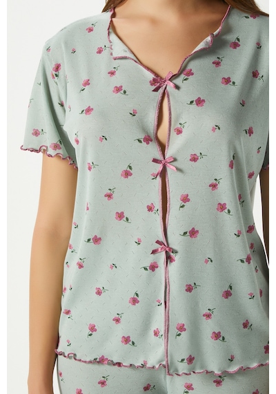 Ritnice Kadın Juliet Kurdeleli Yumuşak Doku Yeşil Çiçekli Pijama Takımı