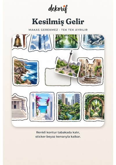 Sevimli Şehir Sticker Seti 100 Adet - Rüya Şehirler Suluboya Ajanda Journal Defter Laptop Çıkartma Çok Renkli