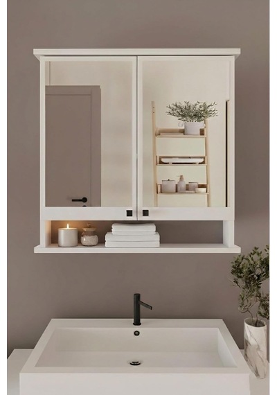 Ad-3 Raflı Banyo Dolabı, 2 Kapaklı Lavabo Üstü Aynalı Banyo Dolabı - Beyaz Çok Renkli