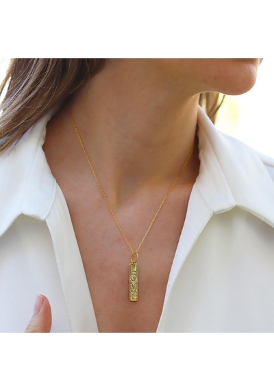 Love Taşlı Plaka Gold Gümüş Kolye Gümüş