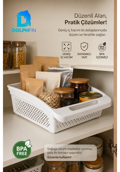 Geniş Dolap İçi Düzenleyici Sepet 30x27x9 Cm Saplı Mutfak Kiler Banyo Organizeri beyaz