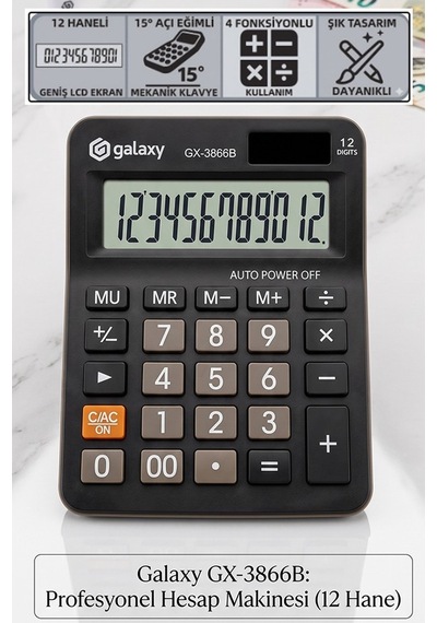 Hesap Makinesi Siyah 10.5x14.5 Cm 1 Adet Galaxy Gx-3866b 12 Haneli Orta Boy Okul Ofis Büro Hesap Makinası
