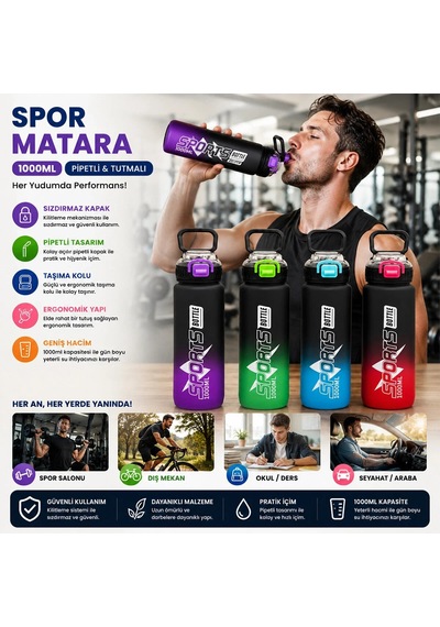 Ers Çift Renkli Tutmalı Plastik Pipetli Spor Matara Suluk 1000ml Herhangi Bir Renk Gönderilir Çok Renkli