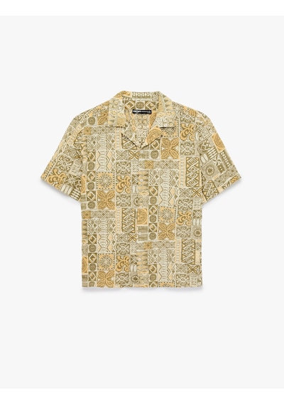 Koton Regular Fit Pamuklu Düğmeli Devrik Yaka Kısa Kollu Etnik Desenli Gömlek Haki Desenli 6sam60076nw