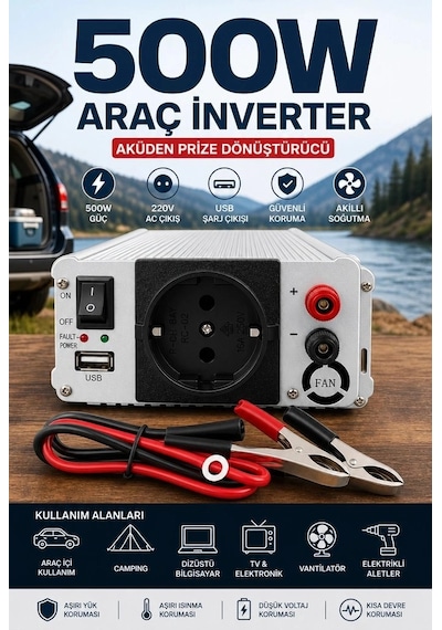 500w 12v Dc 220v Ac İnverter Usb Çıkışlı Fanlı Akü Güç Dönüştürücü Araç Kullanımı