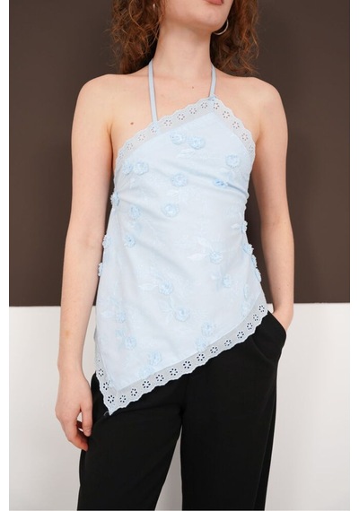 Verymoda Boyundan Askılı Güpür Bluz D2968 Mavi