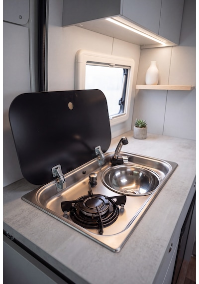 Ocaklı Evye - Musluklu Cam Kapaklı Kombine Ocak Ve Evye Karavan Tekne Tiny House Açık Gri