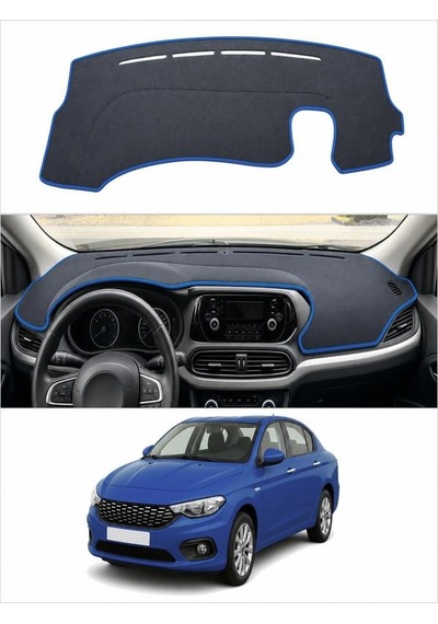 Fiat - Egea Uzun Ekransiz 2015-2021 Uyumlu Torpido Koruma Kılıfı - Mavi Şeritli