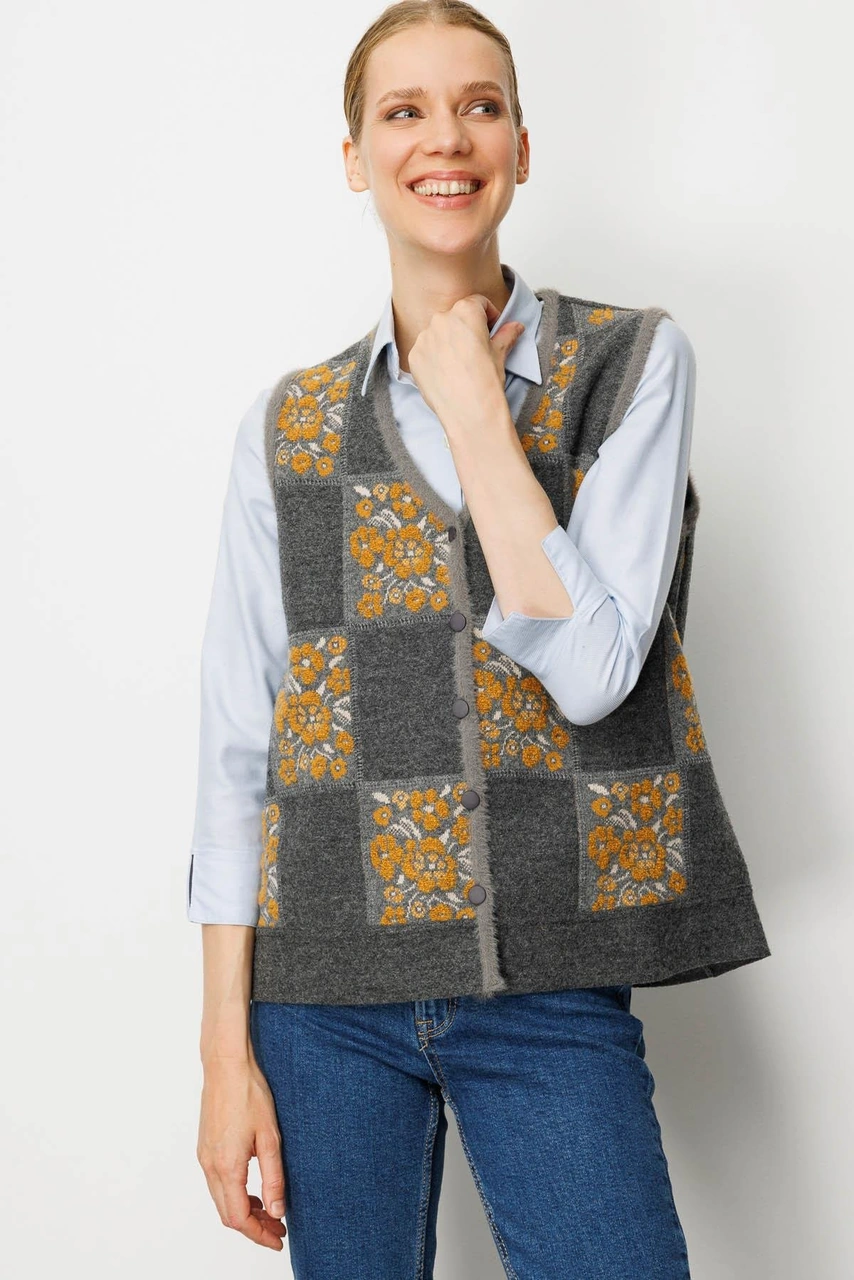 Desen Triko Kadın Pıtırcık Çiçekli Patchwork Keçe Yün Yelek Füme Hardal Füme Hardal
