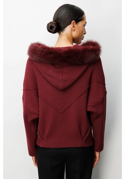 On Fashion Kadın Yakası Kürklü Fermuarlı Bordo Hırka 63908 Bordo