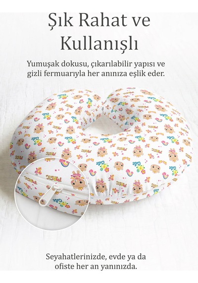 Sevimli Ayıcık Desenli Pamuklu Boyun Yastığı - Renkli Gökkuşağı Temalı Beyaz Seyahat Yastığı Sedefli Gece Deniz Turkuazı