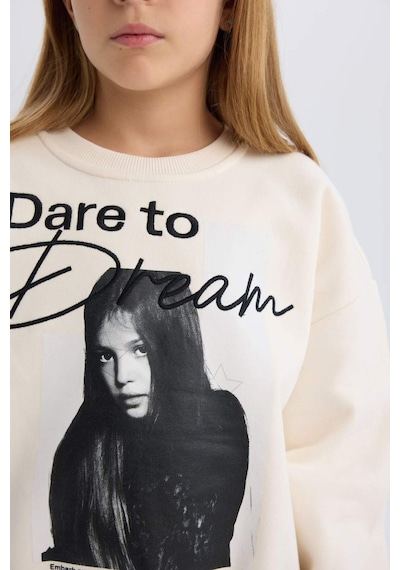 DeFacto Kız Çocuk Oversize Geniş Kalıp Bisiklet Yaka Baskılı Sweatshirt D5452A824WNER233 Ekru