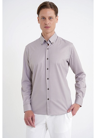 Slim Fit Pötikare Baskılı Pamuklu Yaka Düğmeli Vizon Gömlek G 1604