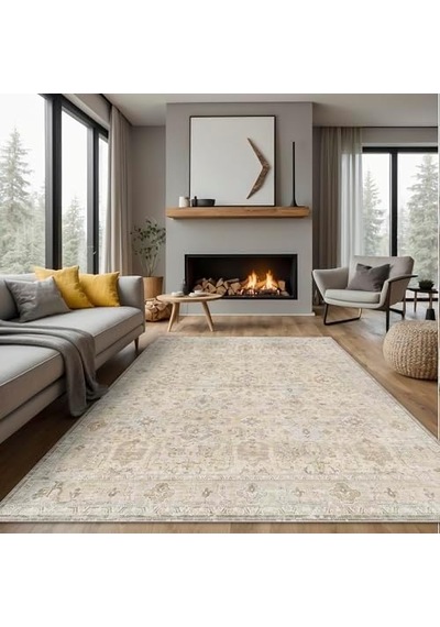 Ayrex Latte Dizayn Ryella Vintage Desenli Şönil Pamuk Tabanlı Yıkanabilir Kaymaz Antibakteriyel Salon Halısı 120x1 Diğer