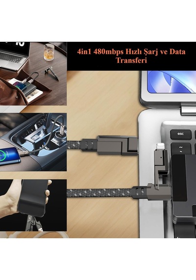 4in1 Güçlü Ve Sağlam Data Ve Şarj Kablosu - Apple Uyumlu iOS Type-c Usb Standart