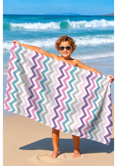 Zigzag Chevron Desenli Modern Plaj Havlusu - Pastel Renkli Minimalist Hızlı Kuruyan Mikrofiber Havlu Kumlu Şafak