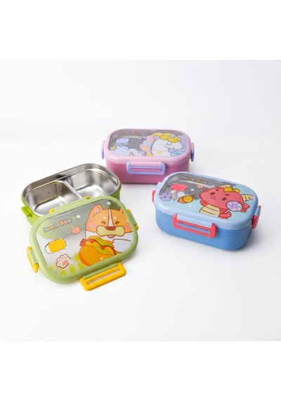 Paslanmaz Çelik 2 Bölmeli Kilitli Yemek Kabı, 850 Ml Renkli Desenli Lunch Box, Çelik İç Hazneli Saklama Ve Taşıma Kabı Çok Renkli