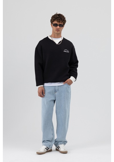 Vamos Oversize Bisiklet Yaka Baskılı Sweatshirt V70-91 Siyah