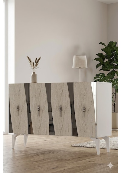 Ka1213bts Elips Konsol Ve Tv Sehpası Beyaz-traverten-silver 120cm
