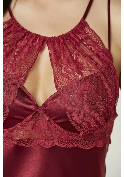 Pierre Cardin Saten Dantelli Gecelik ve Sabahlık Takımı 4375 Bordo