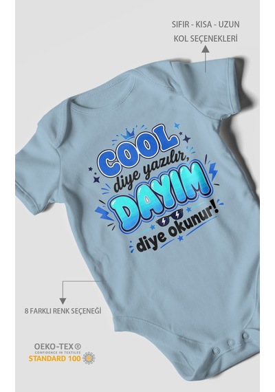 Morivokids Cool Diye Yazılır Dayım Diye Okunur Kısa Kollu Bebek Body %100 Pamuk Bebe Mavisi