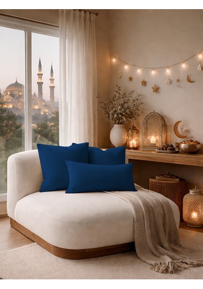Br Perle Lacivert Keten Dokulu Dekoratif Kırlent Kılıfı Modern Salon Koltuk Yastığı