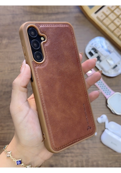 Samsung Galaxy A25 Uyumlu Premium Deri Dokulu Darbelere Karşı Dayanıklı Nazal Silikon Kılıf Kahverengi