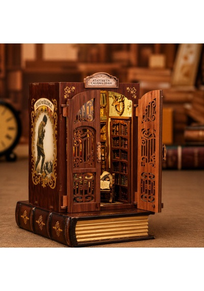 Atatürk Çalışma Odası Mini Kitap Evi Dıy Book Nook Kit, Led Işıklı Ahşap Minyatür Hobi Seti