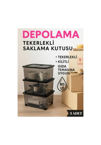 Tr Kilitli Saklama Kutusu Tekerlekli 80 Litre 3 Adet Saklama Kabı Düzenleyici Genel