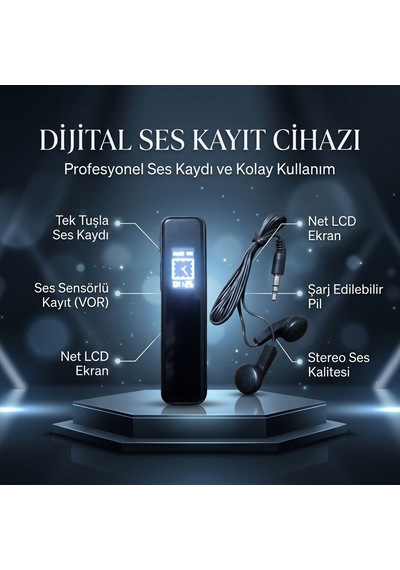 Büro Ev Ofis Hediyesi İçin 64gb Şarjlı Vor Ses Sensörlü Lcd Ekran Kulaklıklı Dijital Ses Kayıt Cihazı
