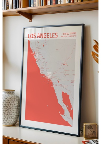 Los Angeles Abd Haritası Çerçeveli Tablo Lüks Salon Ofis Duvar Dekorasyonu Hediyelik Tablo