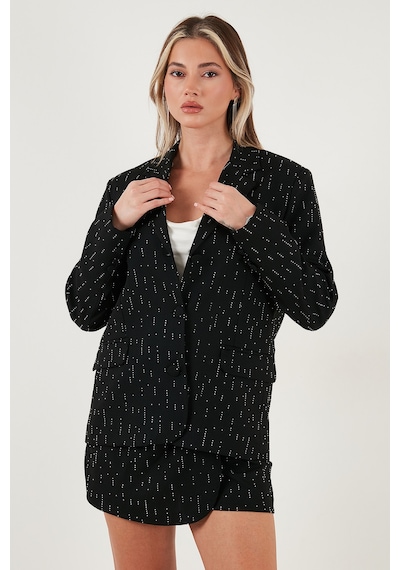 Lela Taşlı Regular Fit Broş Detaylı Ceket-Şort Etek Bayan Takım 6839618 Siyah