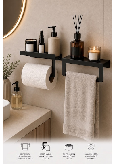 Siyah Duvara Monte Havluluk & Peçetelik Modern&dayanıklı 2'li Set Siyah