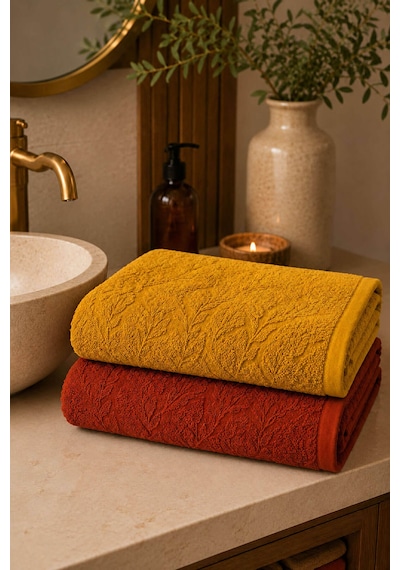 2'li Jakarlı Büyük Boy Banyo Havlusu 90x150 Cm Lorea 650 Gr Kiremit-hardal