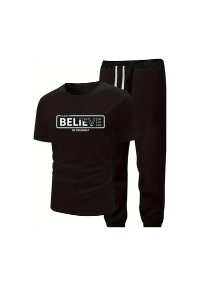Medinenur Believe Yazı Baskılı T-shirt Eşofman Altı Jogger Rahat Kalıp Siyah Eşofman Takım Siyah