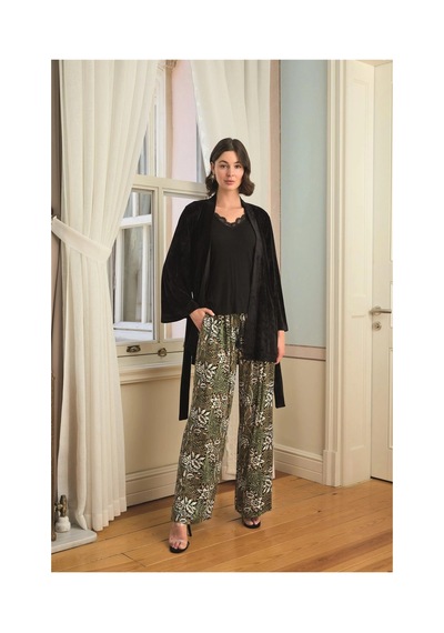 L'ombre Çiçek Yaprak Ve Etnik Desenli Dantelli 3lü Pijama Takımı Siyah
