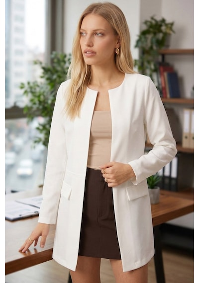 Armonika Kadın Beyaz Beli Dikişli Uzun Ceket Arm-26k001017