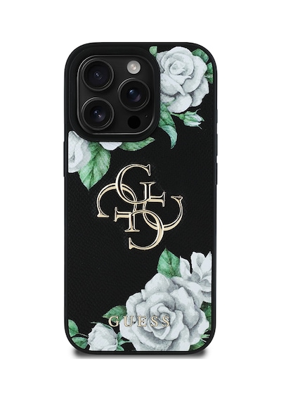 Apple Uyumlu iPhone 16 Pro Kılıf Guess Lisanslı Beyaz Gül Baskılı Büyük 4g Metal Logolu Kapak Siyah