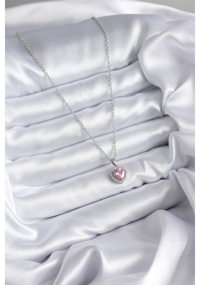 Ezoconcept 316l Çelik Zincir Gümüş Renk Pembe Zirkon Taş Charm Model Kadın Kolye