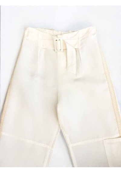 Zekids Kız Çocuk Kemerli Yanları Güpür Detaylı Pantolon-14482 Ekru
