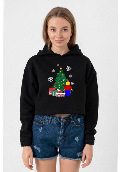 Lego Man Christmas Siyah Kadın Crop Kapşonlu 001