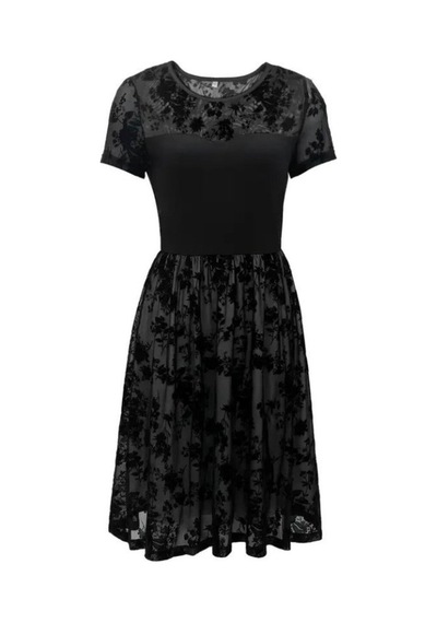 Butik İstanbul Kadın Kısa Kollu Bisiklet Yaka Tül Flok Baskı Detaylı Elbise Siyah
