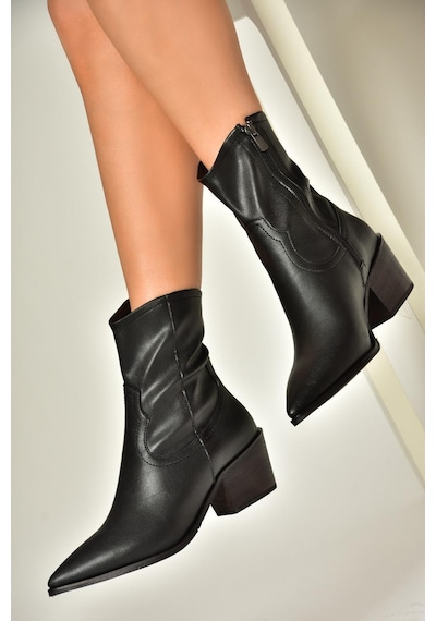 Fox Shoes T356654109 Siyah Sivri Burunlu Kalın Topuklu Kadın Bot Siyah-Suni Deri Siyah
