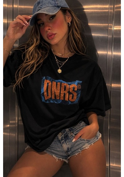 Yolo Street Onrs Baskılı Oversize Beyaz Tişört Kadın Streetwear T-shirt Siyah