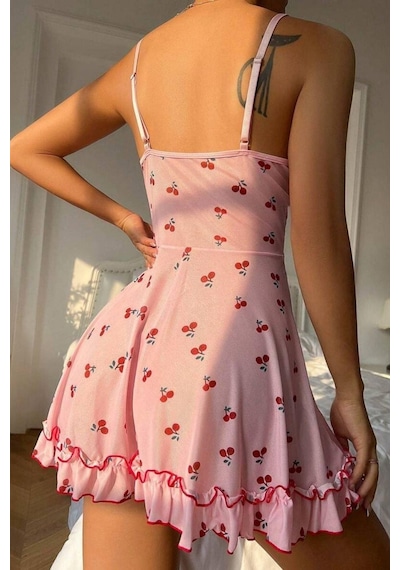 Bella Notte Romantik Pembe Kiraz Baskılı Askılı Tanga Ve Gecelik