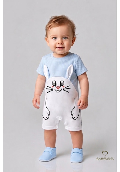 Babyden's Tavşan Baskılı Şortlu Erkek Bebek Tulum %100 Pamuk Yazlık Kısa Kollu Çıtçıtlı Yenidoğan Bebek Tulumu 0-9 Ay Bebe Mavisi