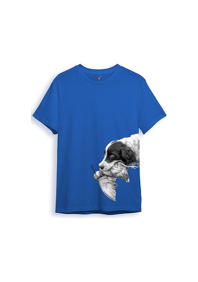 Hunter Avcılık Baskılı Av Köpeği Ağzında Çulluk Yan Detay Bakılı %100 Pamuk Regular Fit Mavi T-shirt Saks Mavi