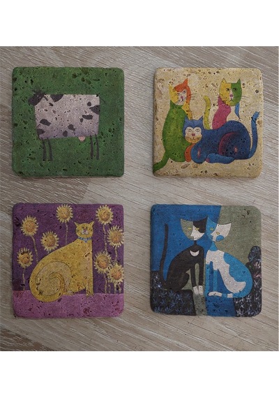 Sevimli Kediler Ve İnek Doğal Taş Bardak Altlığı 4'lü Set - Natural Stone Coasters - Taş Çok Renkli
