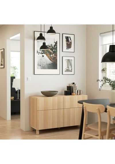Dolap Kombinasyonu, Ağartılmış Meşe Görünümlü, 120x40x74 Cm, Lappvıken, Fren Raylı Ahşap